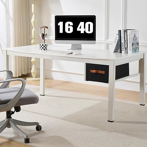 Miniatura 6 de Escritorio blanco para computadora con cajón, escritorios de trabajo grandes de oficina en casa de 63 pulgadas, escritorio moderno de estudio, mesa