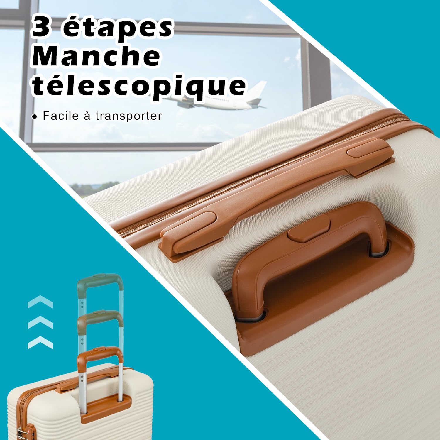 COOLIFE Valise Cabine 55x40x20 Easyjet Bagage Cabine Coque Rigide ABS Serrure TSA 4 Roues Pivotantes 360° Blanc Marron