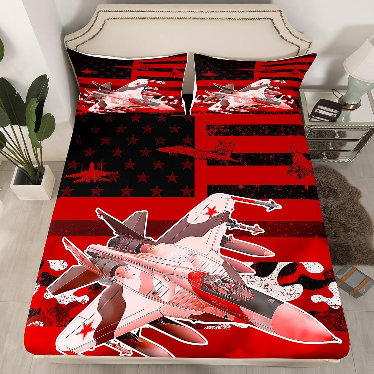 Erosebridal Airplane Fitted Sheet Full Size, Camouflage American Flag Bedding Set Army Aircraft Bed Sheets, Red Camo USA Flag Sheets Soft Breathable Fitted Bed Sheets with 2 Pillowcases