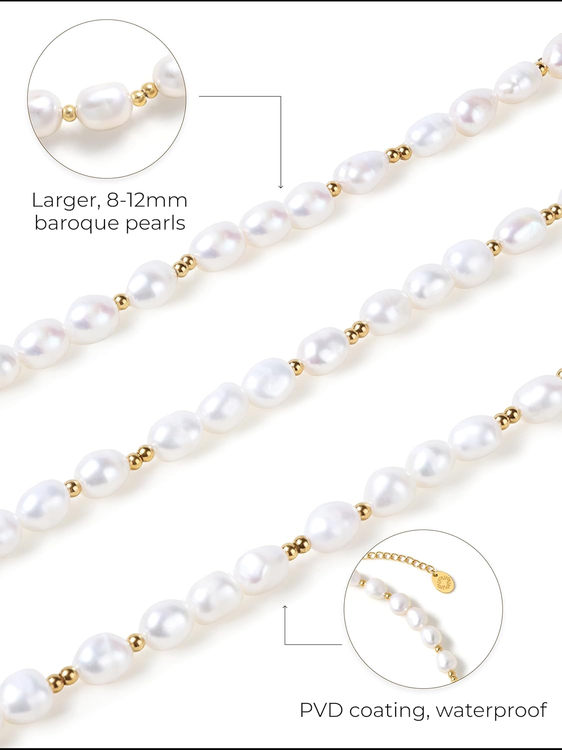 Gold Bead Baroque Pearl Necklace for Women, 8-12mm AAA Freshwater Pearls, 18K Gold PVD-Coated Adjustable Necklace, Trendy Jewelry - Image 3
