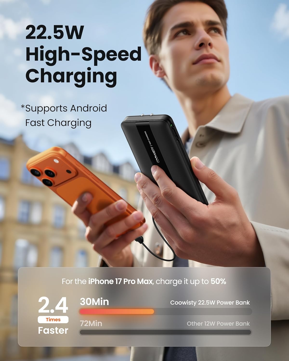 Portable Charger with Wall Plug, Fast Charging Power Bank Built-in Cables, Slim 10500mAh 22.5W 4 Outputs 3 Inputs LED Display External Battery Pack Compatible with iPhone/Android (Black) - Image 6