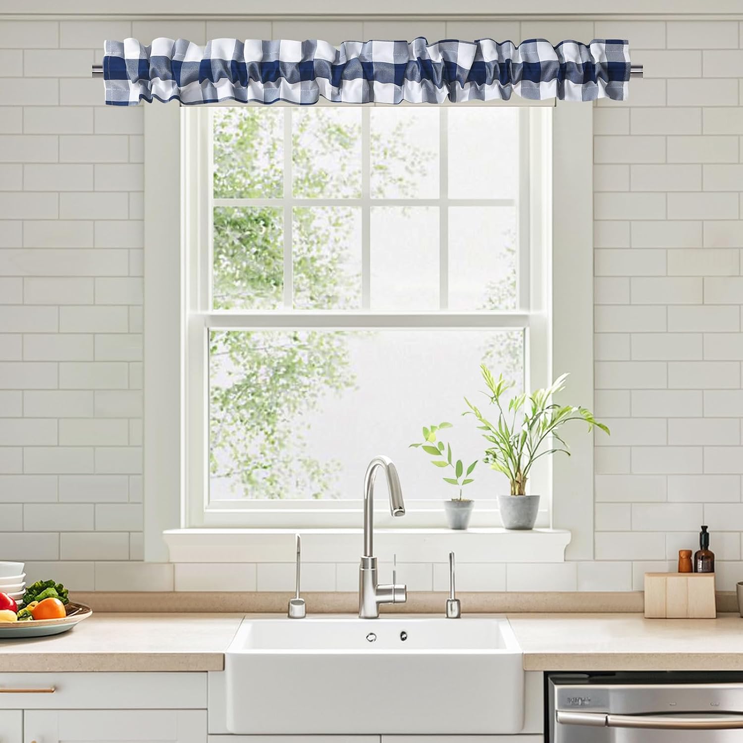 XWZO Sleeve Topper with Top Bottom Ruffle Sleeves Valances Home Décor Window Treatment Bedroom Nursery Kitchen Window Curtain Header, 58" x 5",1 Piece, Checkered-Navy & White