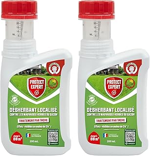PROTECT EXPERT 2 Désherbants Concentrés Localisés Contre Les Mauvaises Herbes Du Gazon - 2x200ml - Soit 176m² - Non Sélectif - 2 Bidons Doseurs DG200NX2