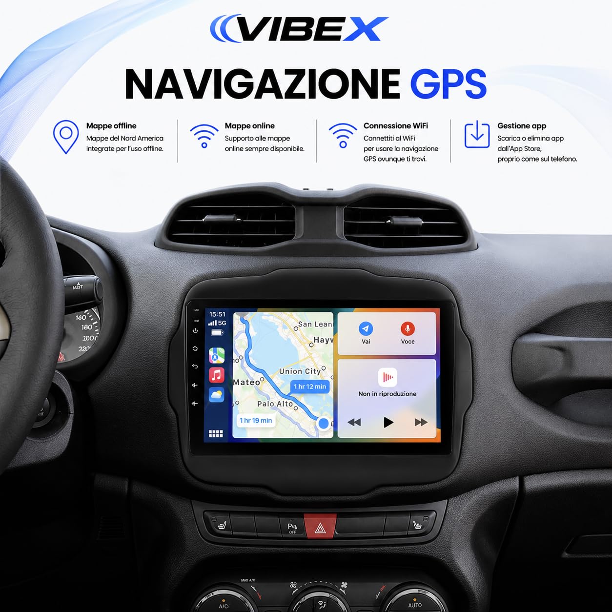 VIBEX Autoradio 9" Android per Jeep Renegade 2014 2015 2016 2017 2018 2019 2020, Wireless Apple CarPlay Android Auto, Navigazione GPS, Bluetooth, WiFi, Schermo Touchscreen, Supporto Retrocamera