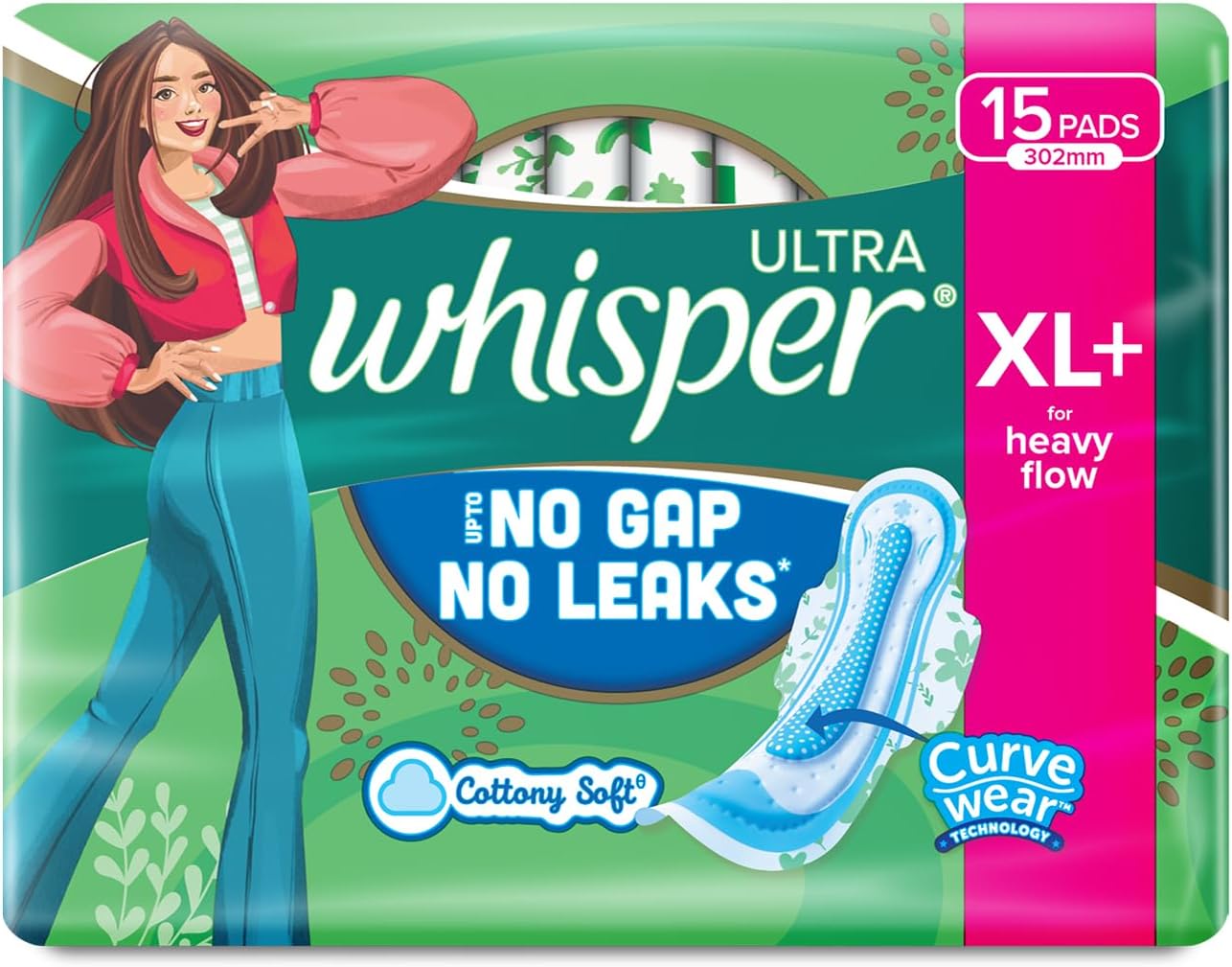 Whisper Ultra Clean Sanitary Pads for Women, XL+ 15 Napkins