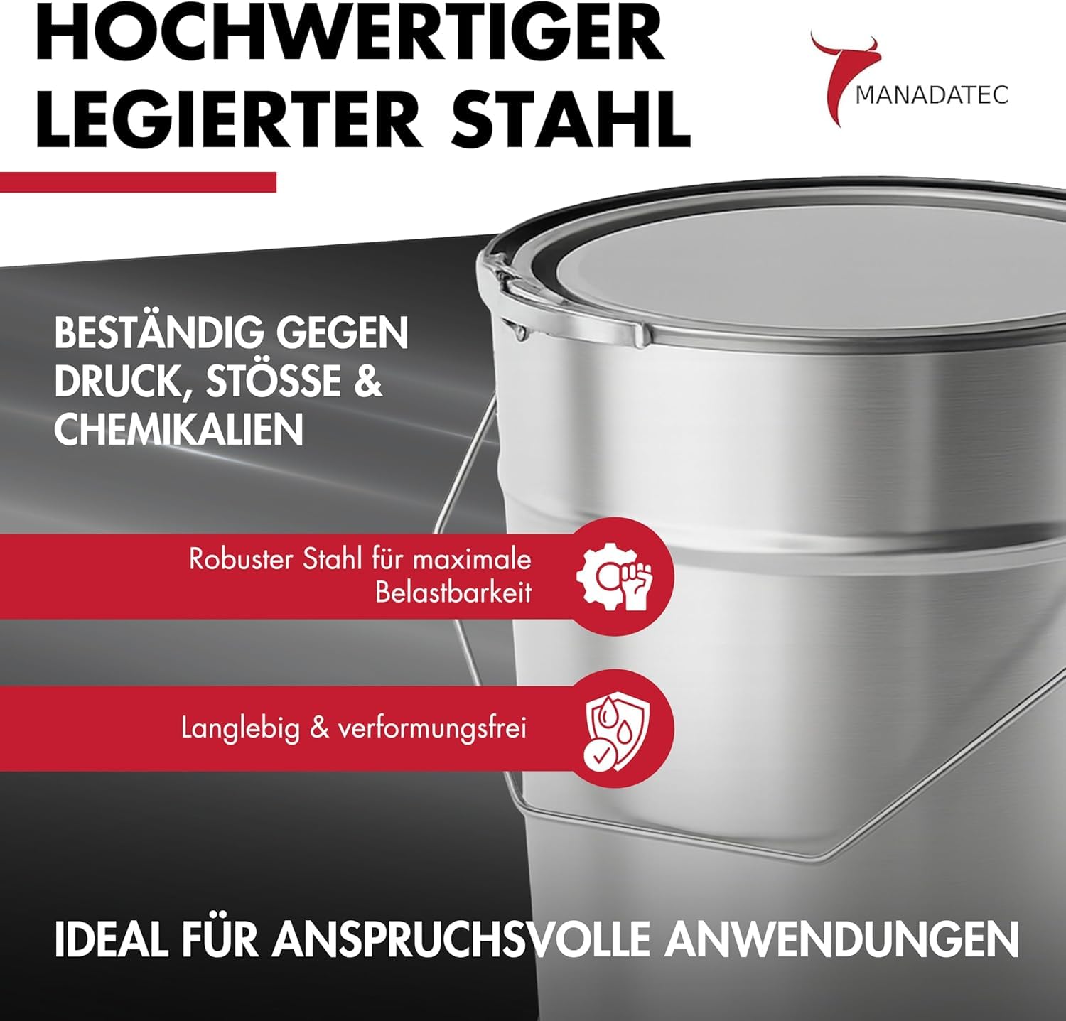 UN-zugelassener Metalleimer 10 L I Weißblech, Gefahrgutgeeignet & Stabil I Mit Deckel, Spannring & Griff I Konische Form I Ideal für Farben, Öle, Harze, Chemikalien, Müll, Lagerung UVM.