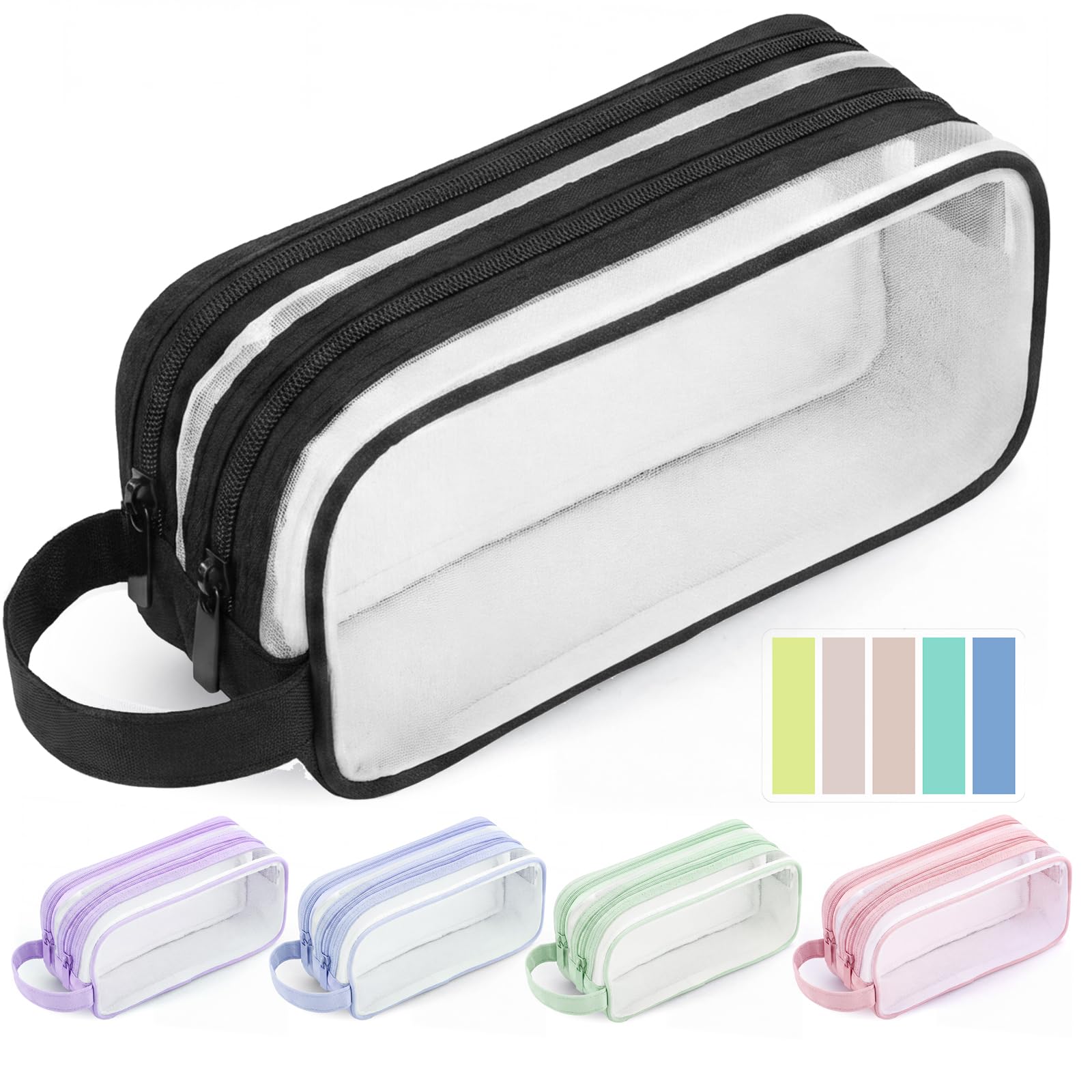 Yixinhe Clear Mesh Pencil Case, Large Capacity Stationery Pouch Black with 2 Compartments and Sticky Note, Multi Purpose Transparent Cosmetic Makeup Bag for Girls Boys for School, College, Office