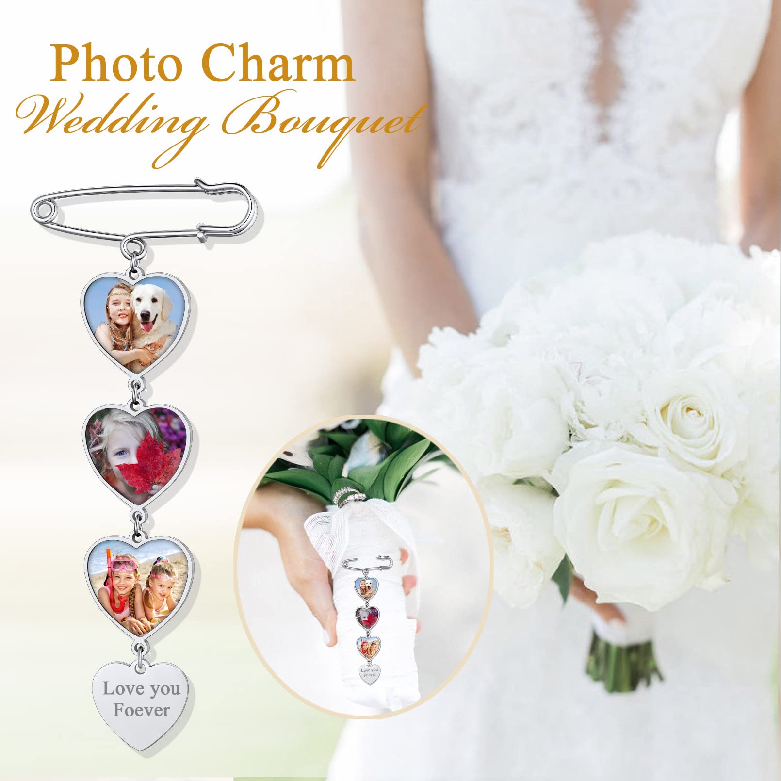 Custom4U Personalisierte Damen Herren Brosche mit 3x Fotoanhänger mit Gravur für Memorial Anhänger Brautstrauß Ansteckblume Bräutigam Edelstahl DIY Anstecker Silber für Hochzeit Weihnachten