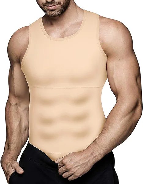 Eleady Mens Slimming Body Shaper Vest Compression Shirt Abs Abdomen Shapewear Workout Tank Top Undershirt (Large, Beige Tops)