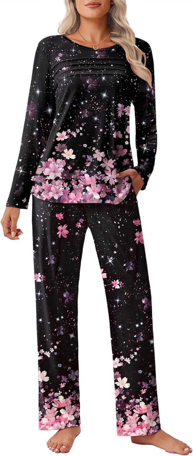 Ekouaer Womens Pajama Sets Pleated Tops with Long Pants Lounge Set Long Sleeve Fall Sleepwear Ladies Pjs S-XXL