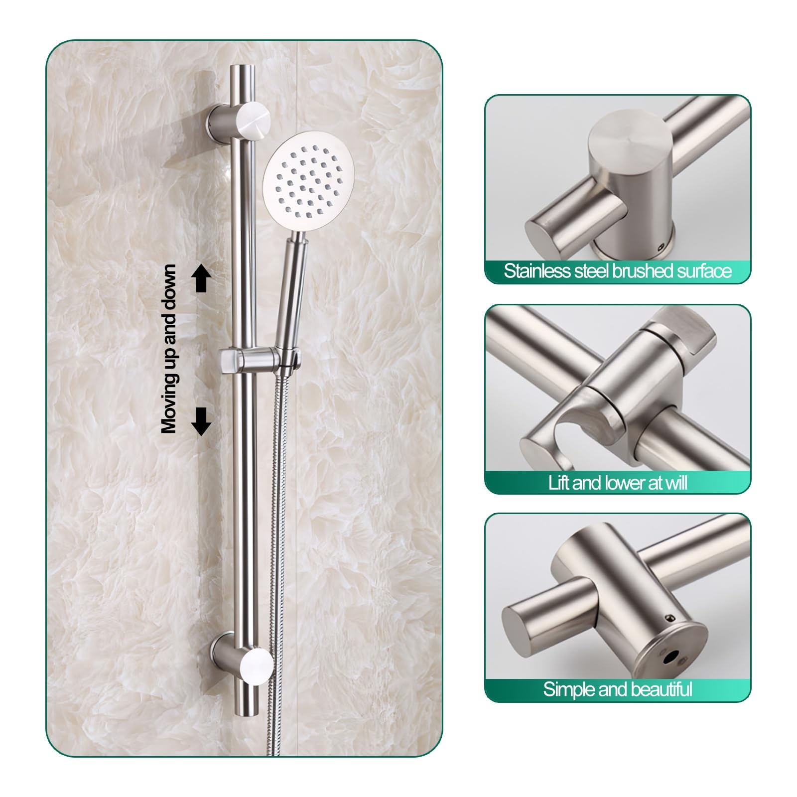 Conjunto Soporte Ducha Pared, con Barra de Ducha, Manguera, Alcachofa, Soporte, Grifo, SUS304