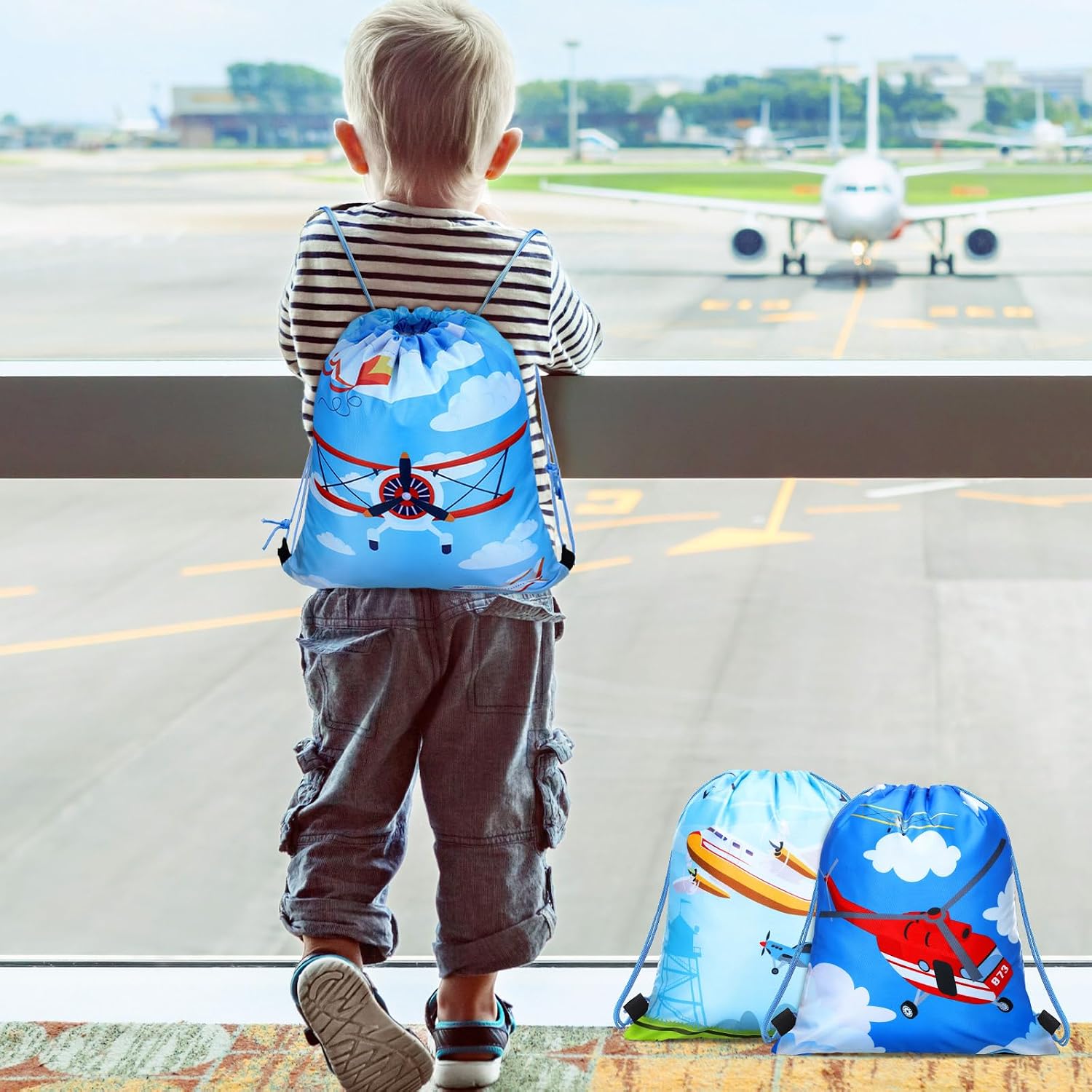 Talltalk 24 Pcs Airplane Drawstring Party Favors Gift Bags Kids Birthday Party Supplies Airplane Backpack Drawstring Pouches Wrap Goodie Bags for Girls Boys Travel Decorations