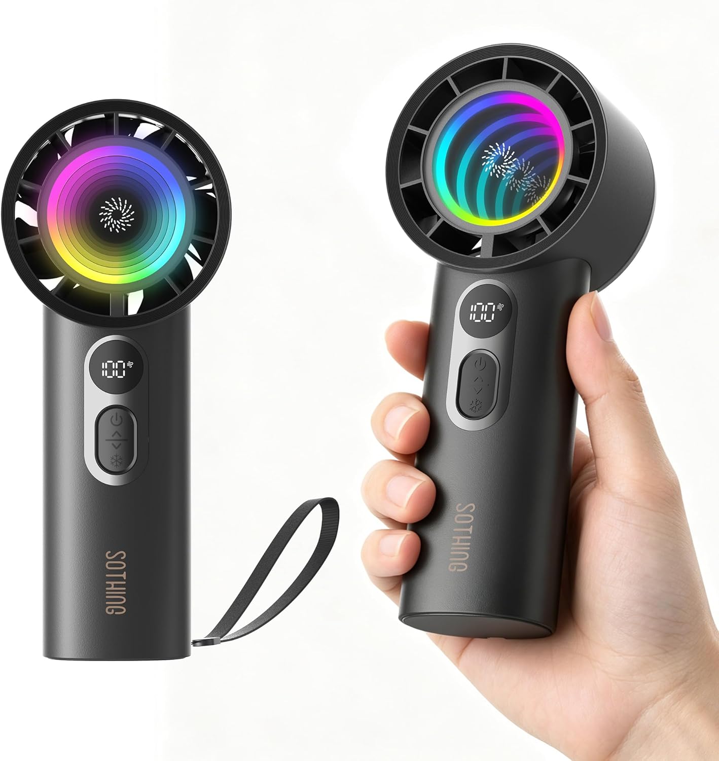 SOTHING Portable Handheld Fan with Dynamic RGB Light, Small Rechargeable Personal Fan, 1-100 Speeds, Up to 23.7 ft/s Airflow, Up to 12H Runtime, 7-Blade Quiet Fan with Digital Display