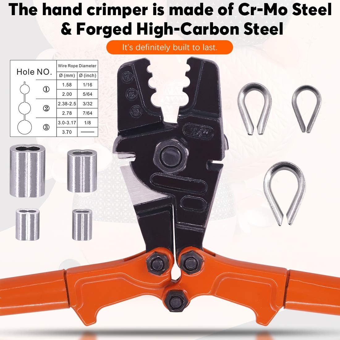 Amаzіng 🔥 Rustark 132 Pcs Crimping Loop Sleeve Kit Includes 14 Wire Rope Crimping Tool, 4 Sizes Aluminum Double Barrel Ferrule, 3 Size Cable thimbles and Cut-proof Gloves