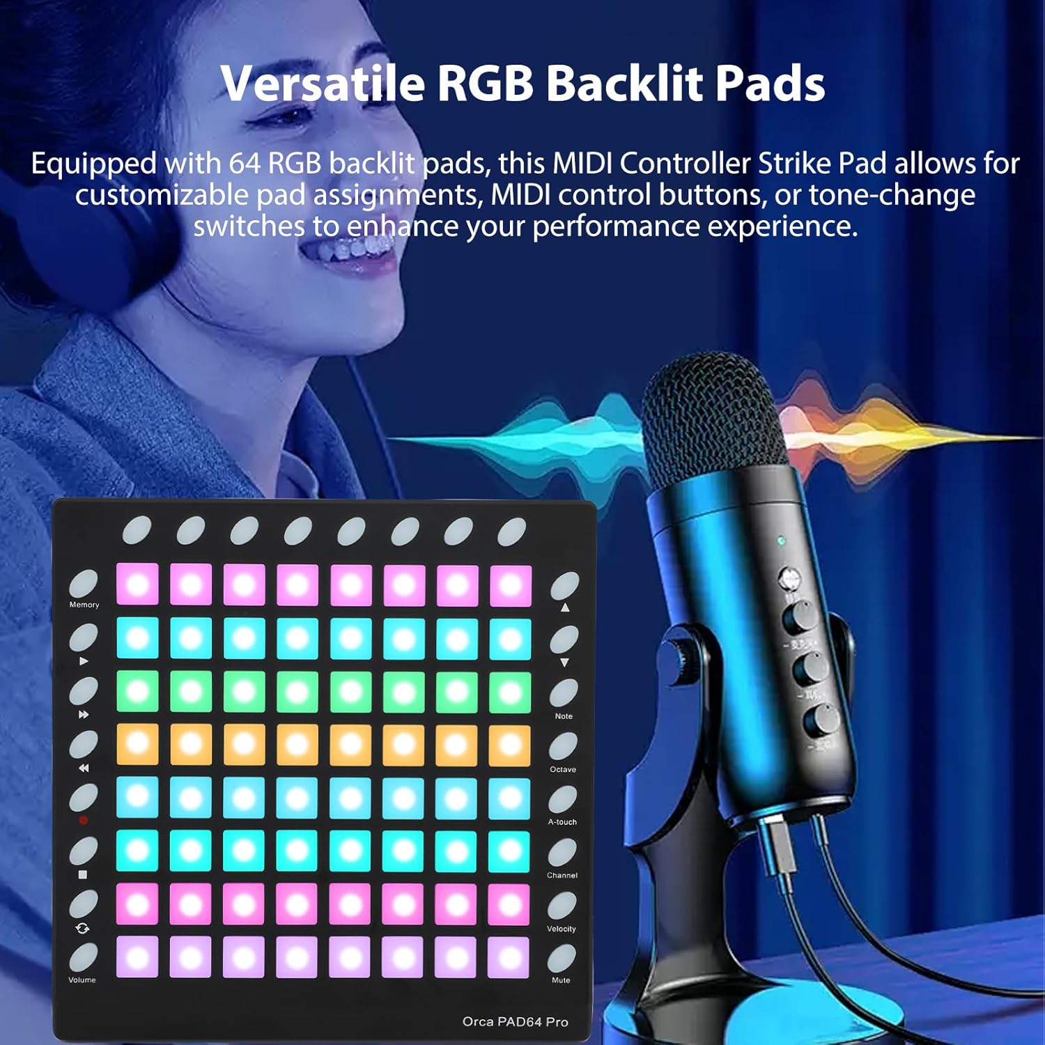 MIDI Drum Pad Controller 64 RGB Backlit Pads Velocity Sensitive MIDI Strike Pad with 24 Buttons Sound Module USB MIDI IN OUT for Live Performance Music Production