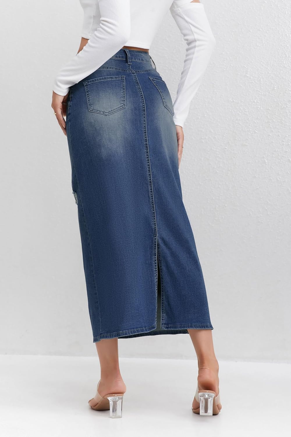 Women's High Waisted Long Denim Skirt with Back Slit Distressed Holes Stretch Whisker Wash