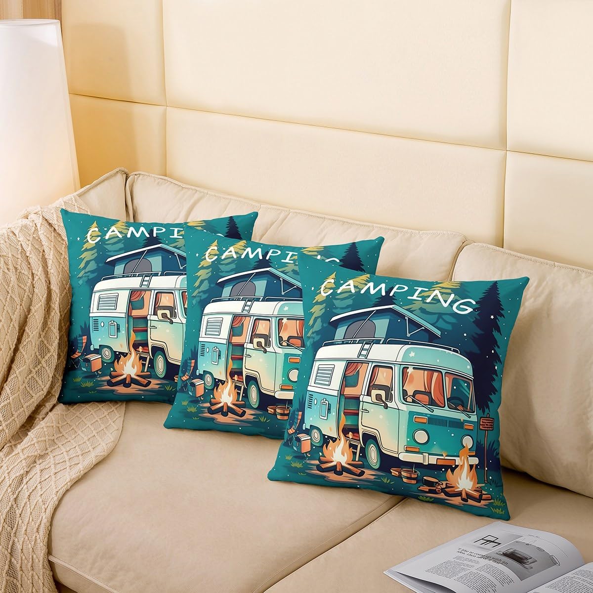 Erosebridal Kids Camper Pillow Covers Pack of 2,Happy Camping Throw Pillow Covers Camper Car Cushion Cases,Travel Car Rv Pine Trees Bonfire Decorative Accent Pillow Cases Room Decor,24x24 Inch