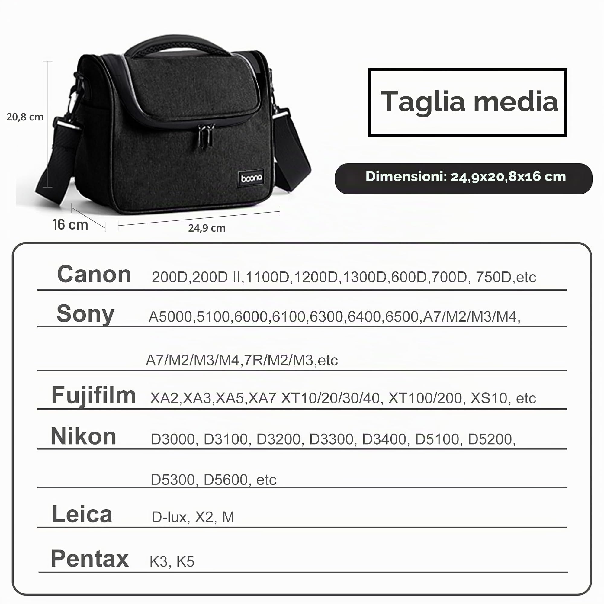 Borsa Fotografica Impermeabile Professionale per Fotocamere SLR/DSLR, Piccola Borsa a Tracolla con Custodia Protettiva Compatibile con Canon EOS 2000D, Sony Alpha 7 III, Nikon (Nero, Medio)