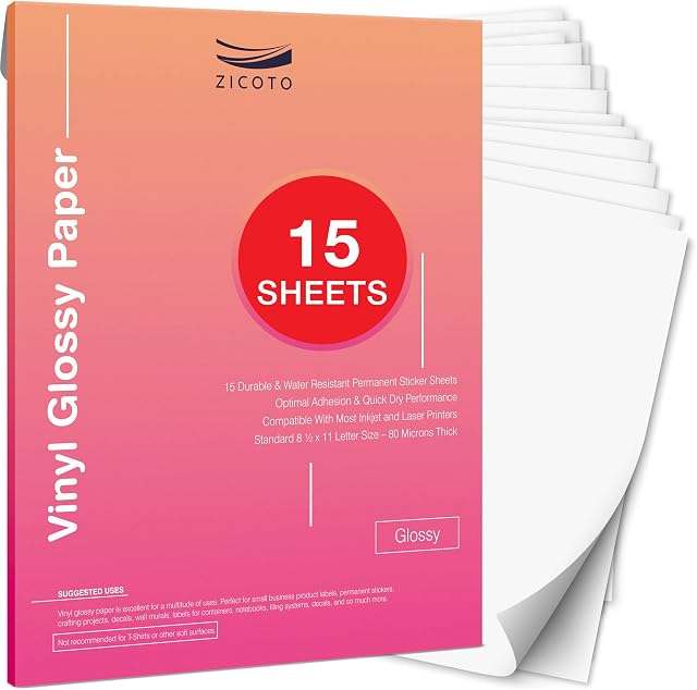 Premium Printable Vinyl Sticker Paper for Your Inkjet Or Laser Printer - 15 Glossy White Waterproof Decal Paper Sheets - Dries Quickly and Holds Ink Beautifully