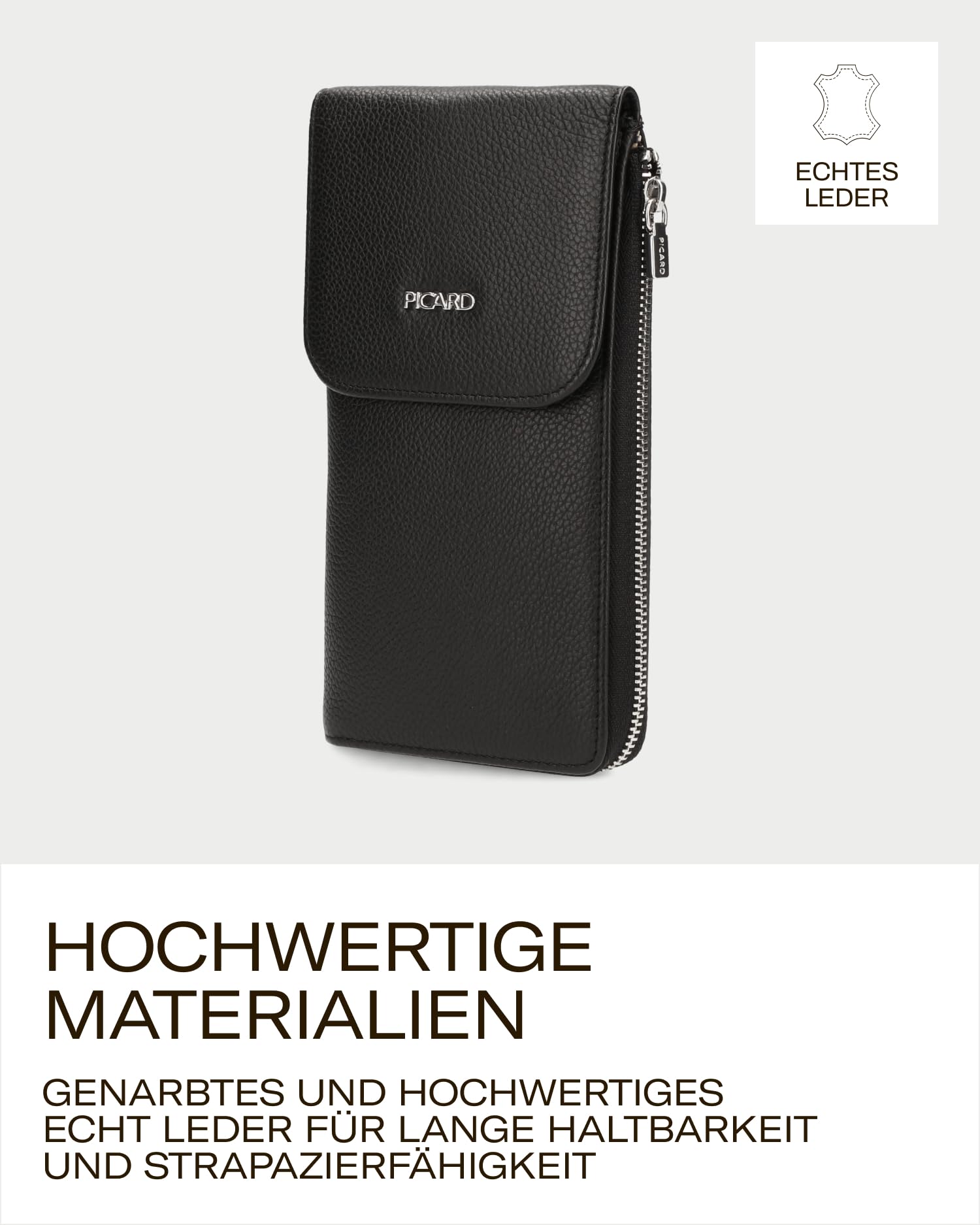 Picard Handytasche zum Umhängen Damen Anne | Handykette aus Leder mit 2 Kartenfächern gesichert durch Reißverschluss & Druckknopf | Elegant, Modern | Handy Umhängetasche | Alltag, Ausgehen