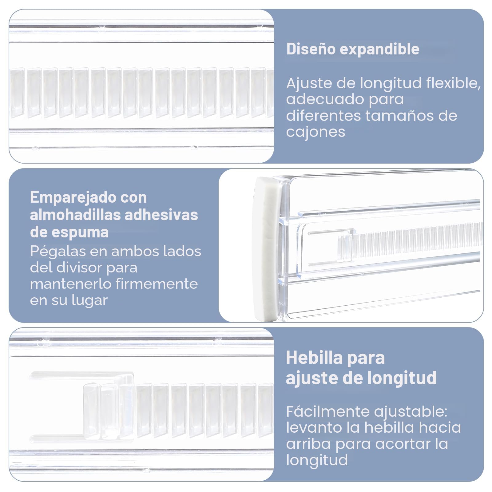 6Pcs Separador Cajones Transparentes - Separadores de Cajones Ajustables - Separadores de Cajones de Plástico - Ajustables Divisores para Tocador Armario Cocina Dormitorio (28.5-50cm)
