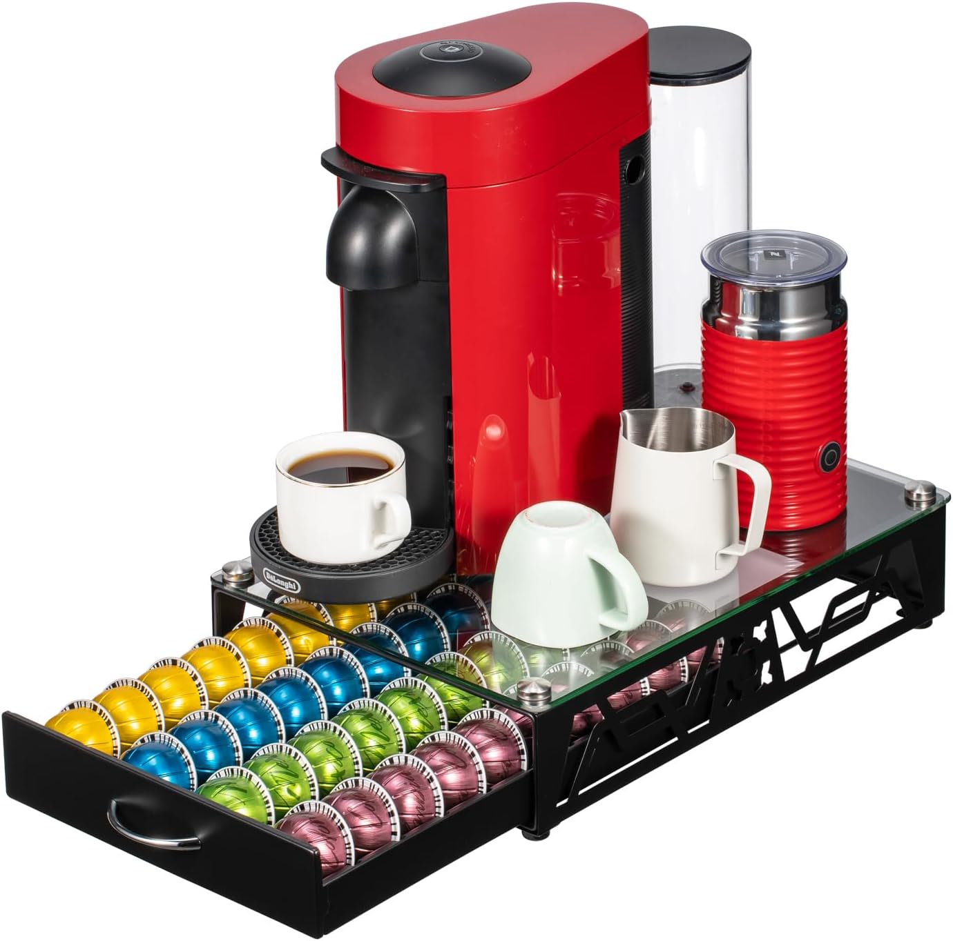 FlagShip Vertuo Pod Holder- Modern Glass Top Coffee Capsule Organizer & Space-Saving Pod Storage for Coffee Machines, Generous 40 Vertuo Pods Capacity