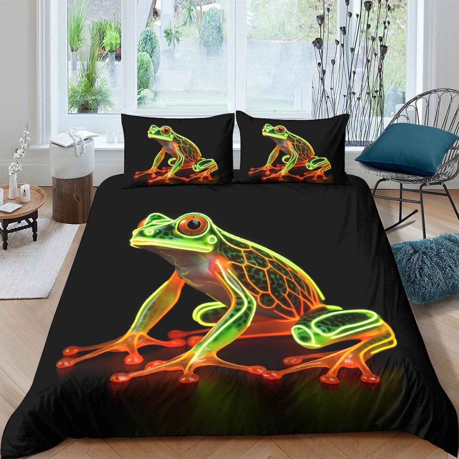 Ctjqhvkz Style-1 3D Printed Neon Frog Fitted Sheet Microfiber Soft Anti-Slip Green Orange Bed Cover For Bedroom Guest Room Decor Single（135X200cm）