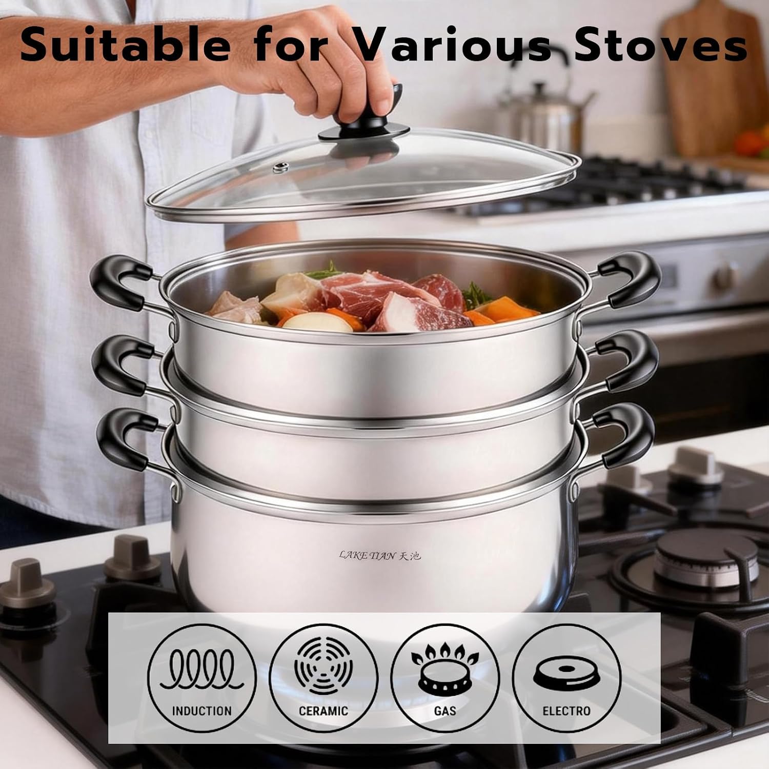 3-Tier 24 Qt Stainless Steel Steamer Pot with Glass Lid – Multi-Layer Stackable Cookware for Tamales, Vegetables & Seafood – Includes 2 Steamer Trays & Base Pot(30cm/11.8Inch)