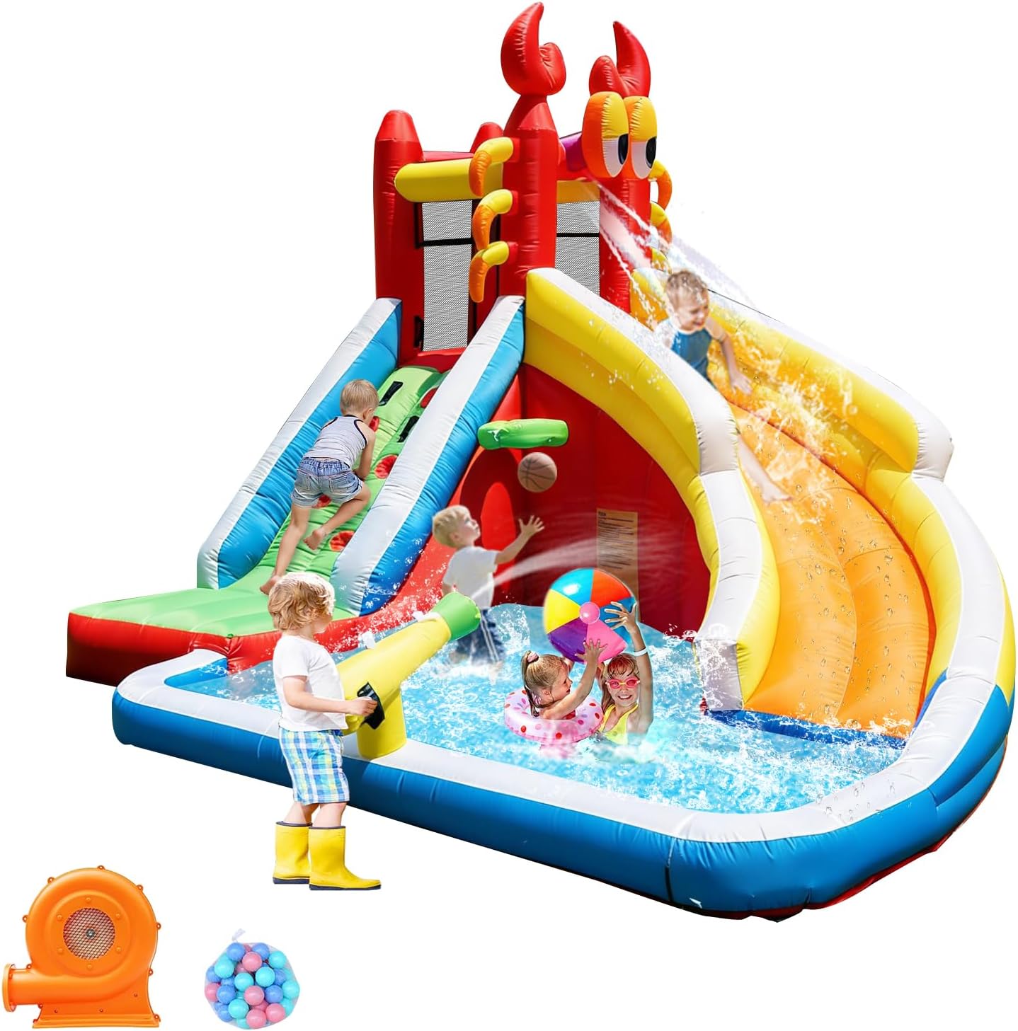 Step4Fun Inflatable Water Slide,Big Bounce House for Kids with Splash Pool,Climbing Wall,Basketball Hoop,Water Gun for Backyard Indoor and Outdoor Party,Included Air Blower,Repair Kit,Carrying Bag