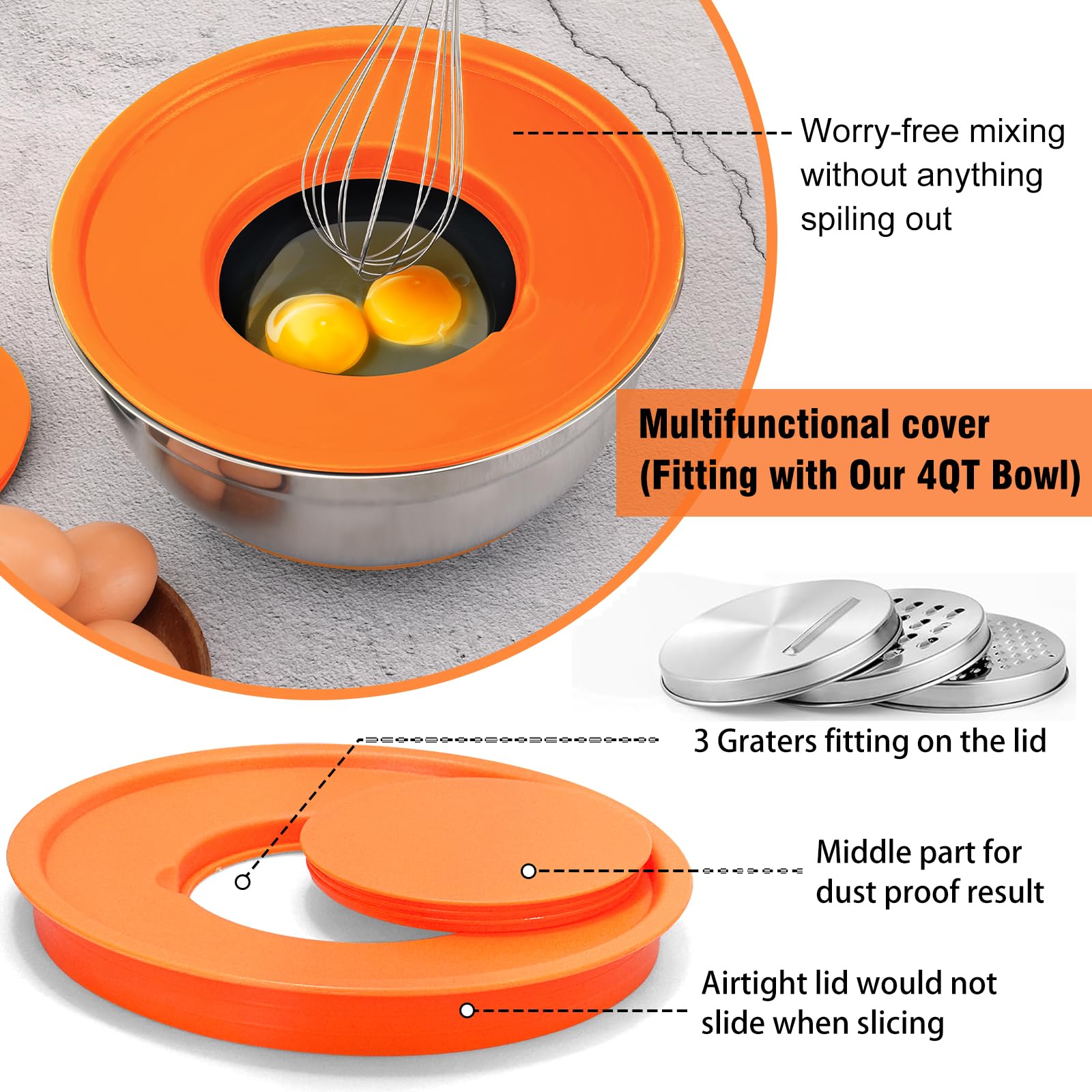 Lot De 5 Cul De Poule Inox Avec Couvercle, 1L, 1,5L, 2L, 3L