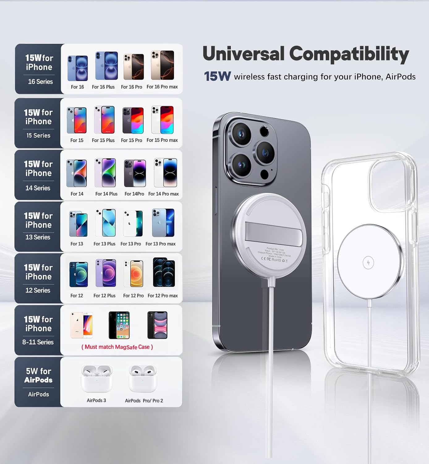 2 Pack Magnetic Wireless Charger 15W Fast Mag-Safe Charger Stand Compatible with iPhone 16/15/14/13/12 Series Wireless Charging Pad for AirPods 3/2/Pro 2/Pro White Portable Mag Safe Kickstand - Image 8