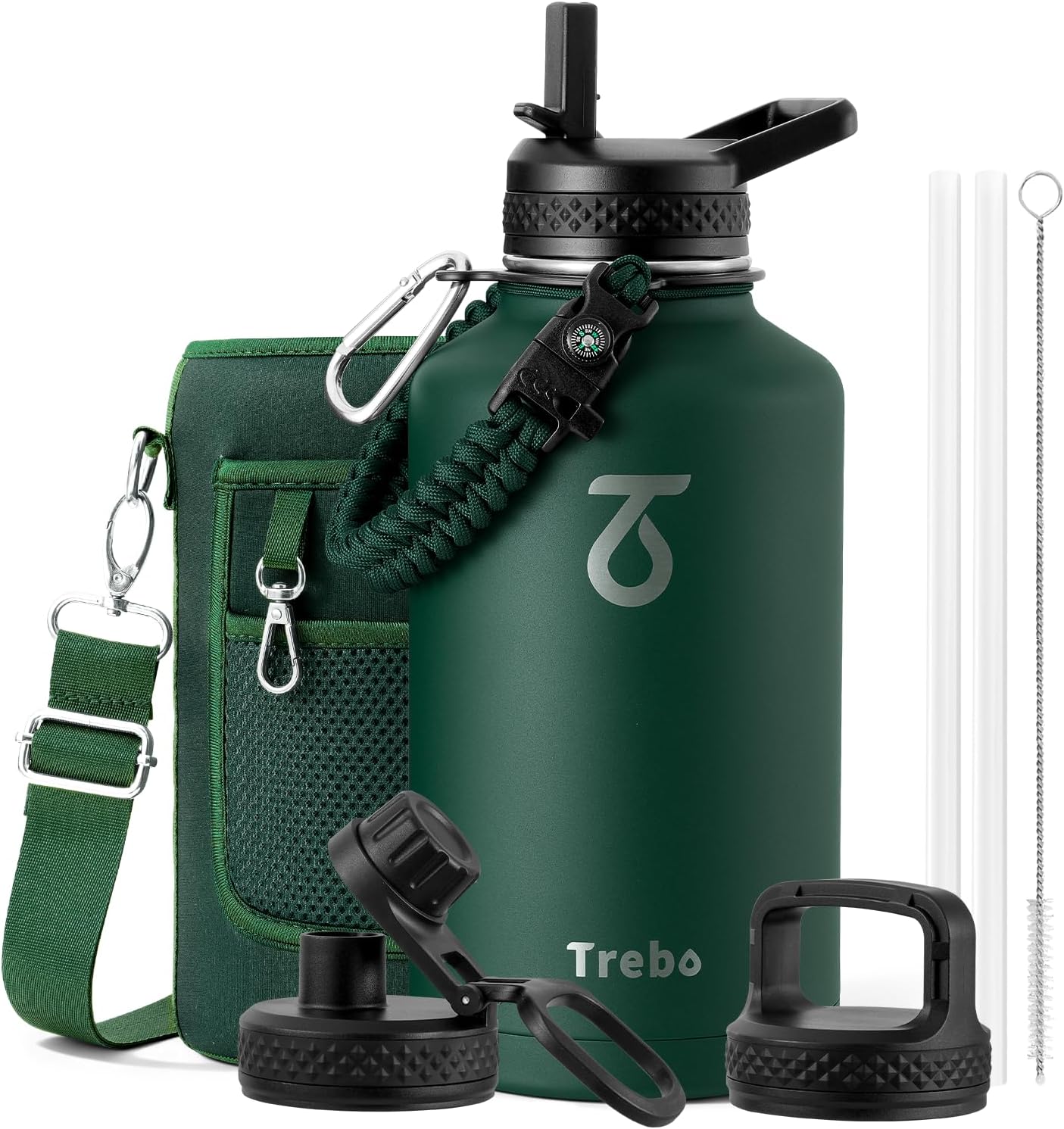 Trebo 64 oz Water Bottle Stainless Steel with 3 Lids, Paracord Handle & Bag