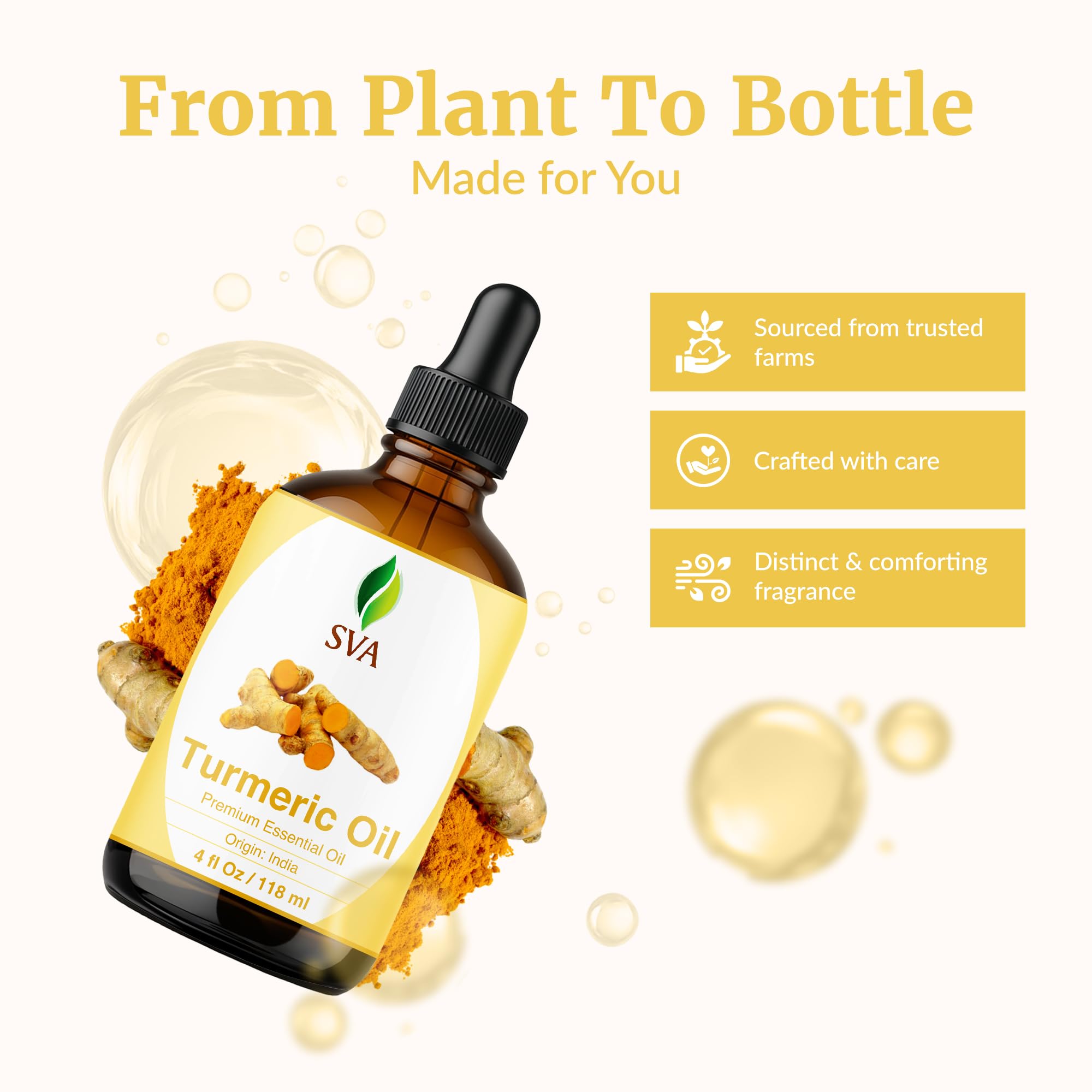 SVA ORGANICS, Olio Essenziale di Curcuma, Aroma Molto Forte, Grado Terapeutico 100% Puro e Naturale, per Massaggio Ayurvedico e Relax, Aromaterapia, Skincare, 4 Fl Oz (Confezione da 1)