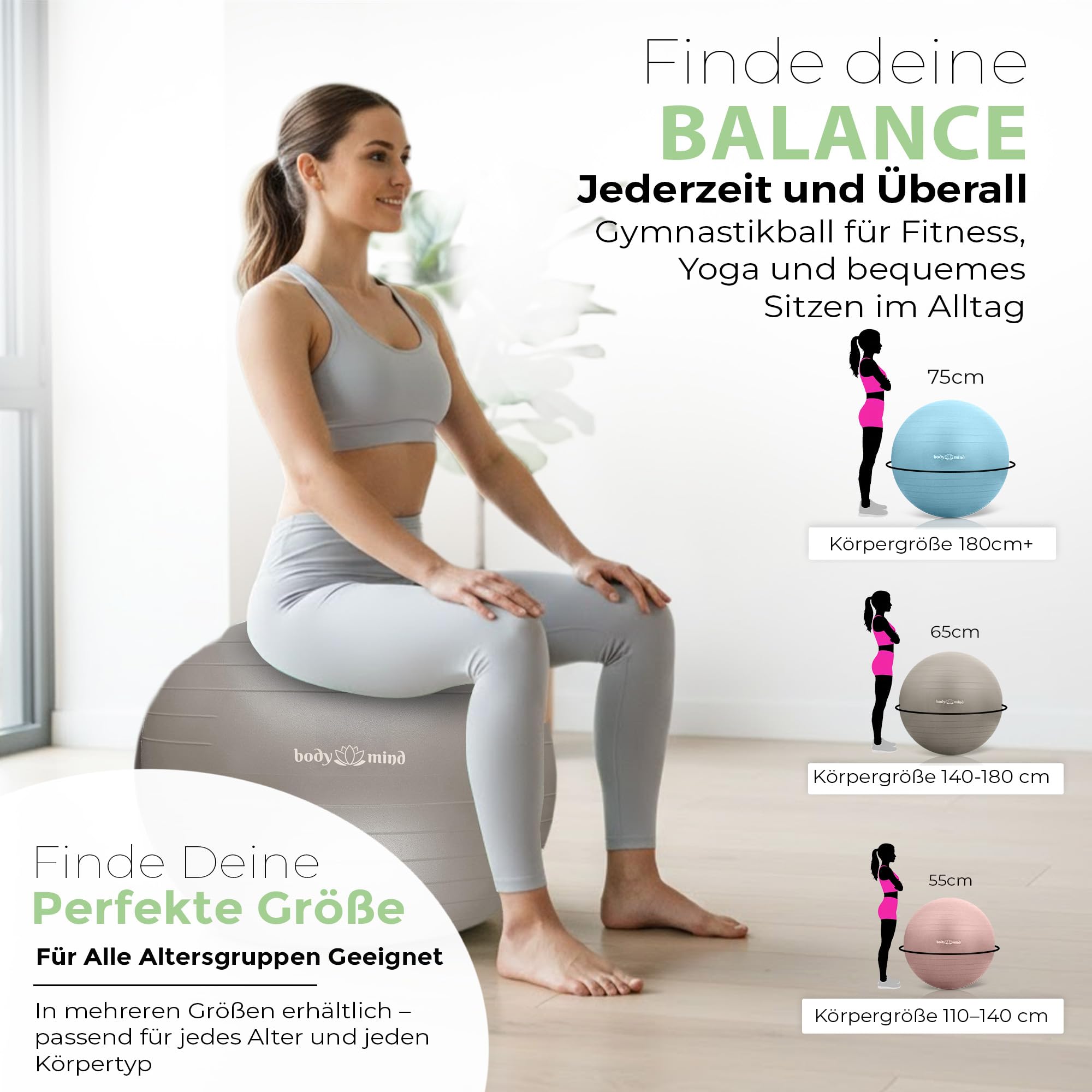 Body & Mind Gymnastikball inkl. Luftpumpe - Anti-Burst Pilates Ball, Pezziball für Schwangerschaft Ergonomischer Sitz als Büro-Stuhl, Sitzball für Yoga, Gymnastik & Workout