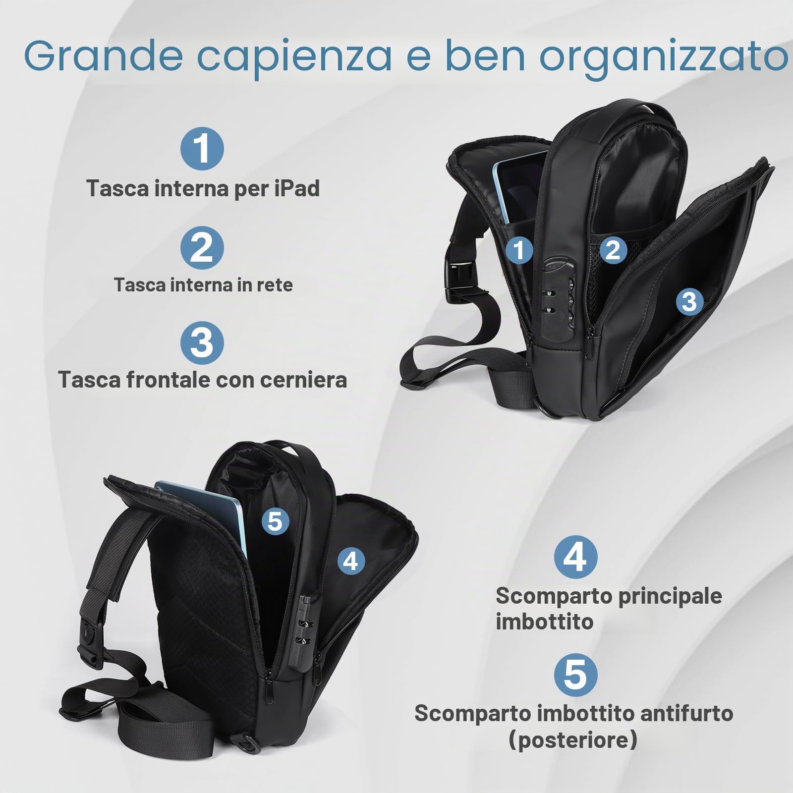 Geestock Zaino Monospalla Uomo con Lucchetto con Password, Borsa a Tracolla Impermeabile, Borsello Piccolo a Tracolla per Viaggio, Lavoro e Affari
