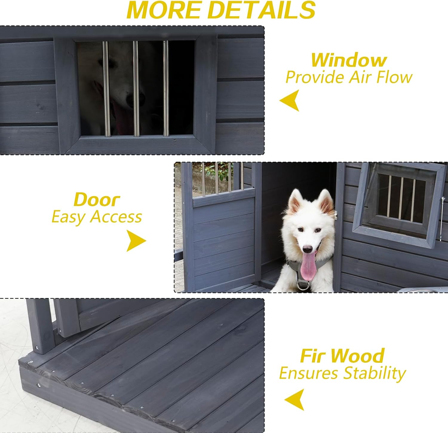 Dog House with Porch, Outdoor Indoor Wooden Doghouse with Dog Bowl, Door, Window, Removable Base Plate, Weatherproof Dog Kennel Pet House for Small Medium Large Dogs (Gray, 44''L*45''W*45''H)