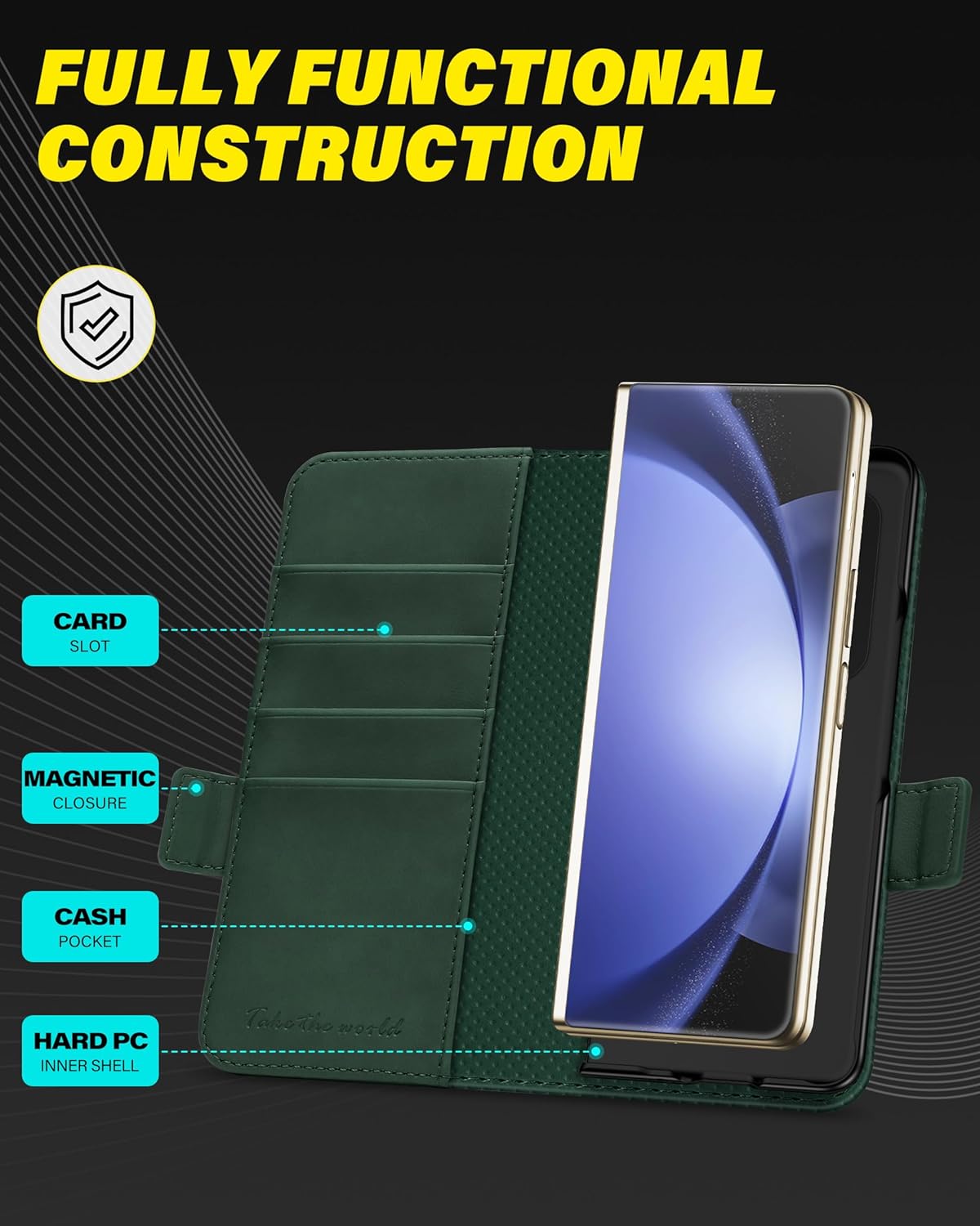 TUCCH Case Wallet for Galaxy Z Fold 5 with S Pen Holder, [RFID Blocking][Kickstand][Card Slots] Shockproof Case, PU Leather PC Shell Cover Compatible with Galaxy Z Fold5 5G 7.6" 2023, Midnight Green