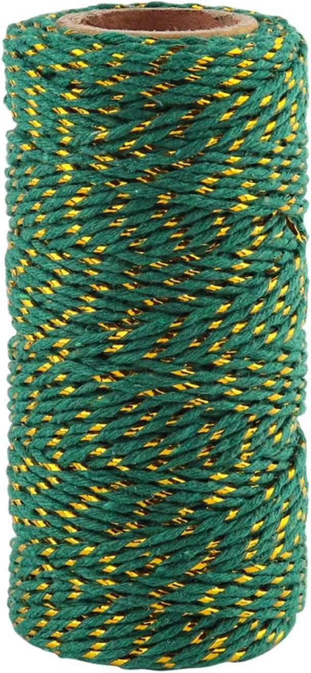 Dark Green and Gold Twine, 164 Feet 50m Cotton Bakers Twine Ribbon for Baking, Butchers, Crafts, Gift Wrapping, Christmas Holiday Decorations