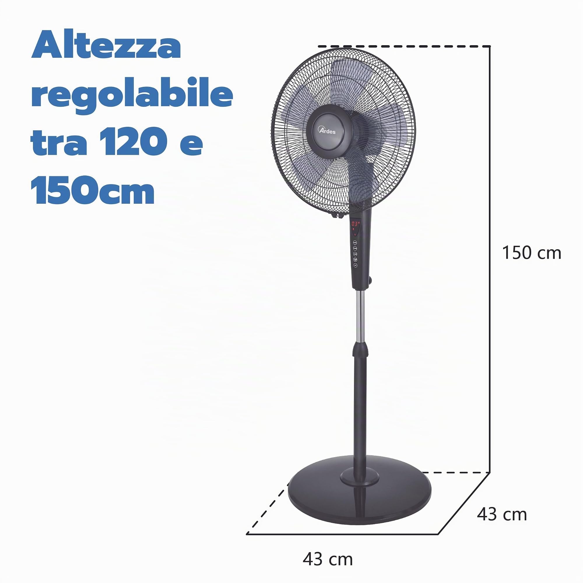ARDES|AR5S41PBT Ventilatore a Piantana con Telecomando,Timer eComandi Touch Silenzioso e Potente 5 Pale 40cmOscillante con Altezza e Inclinazione Regolabile Ventilatore a SteloArdes 3Velocità Modello