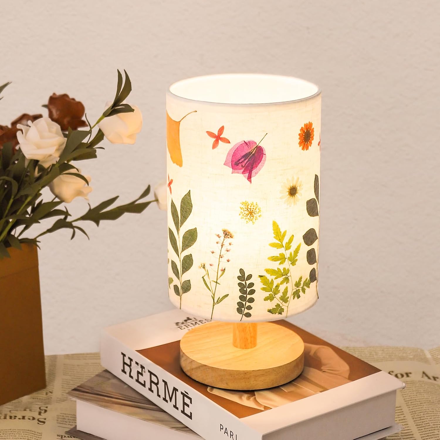 Pressed Flowers Table Lamp 5W LED 3Color Temperatures Dried Flower Bedside Lamp Linen Shade with Wood Base for Bedroom Living Room Desk Office