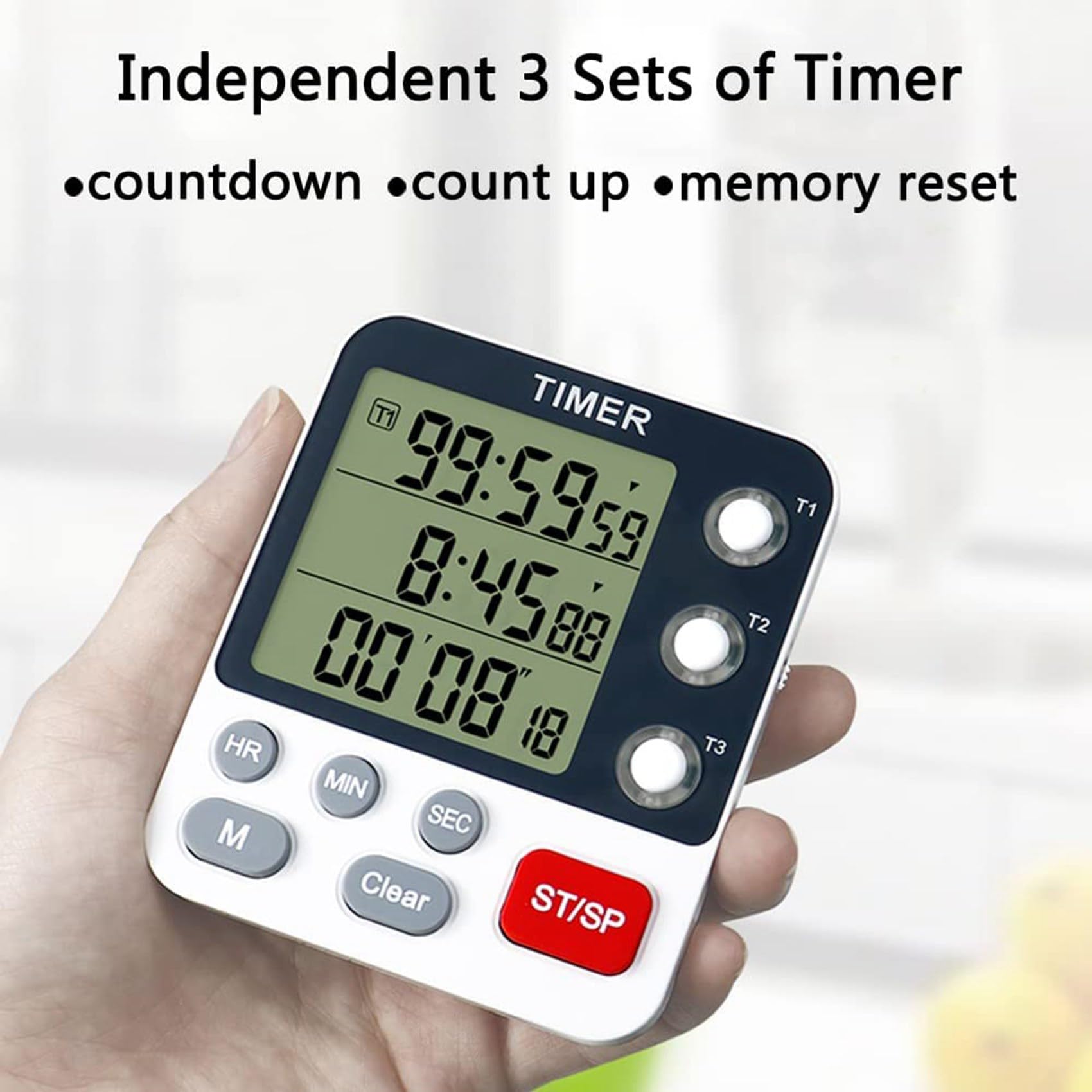 4X Temporizador de Cocina Doble Digital, Temporizador de Conteo Ascendente/Descendente de 3 Canales, Temporizador de CoccióN, Pantalla Grande, Alarma de Volumen Alto y Parpadeo