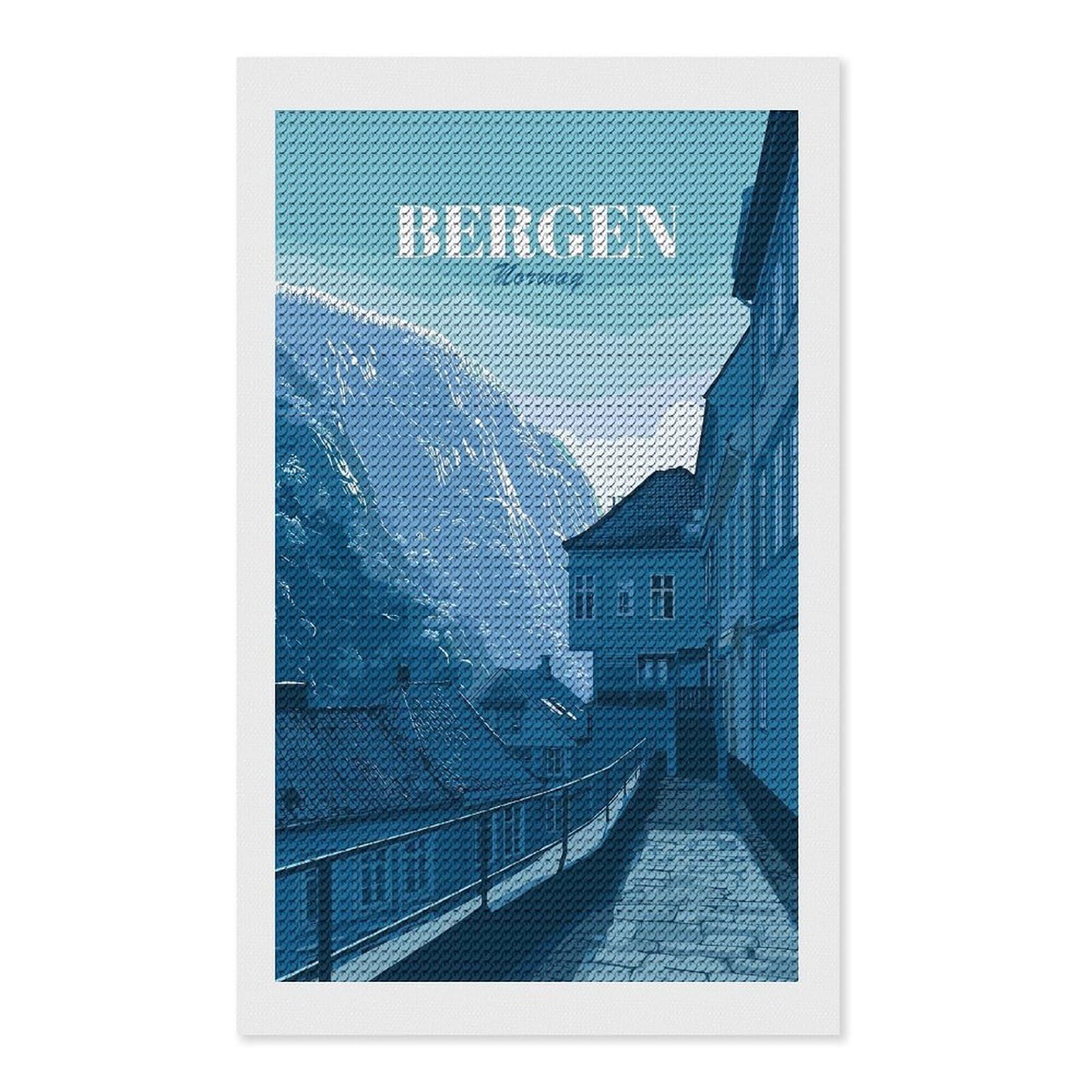 Junmoney Bergen, Norway Travel Diamond Painting Canvas Kit 12"x20", Round Gems, Living Room Decor, Seasonal Gift Choice, Modern Decor