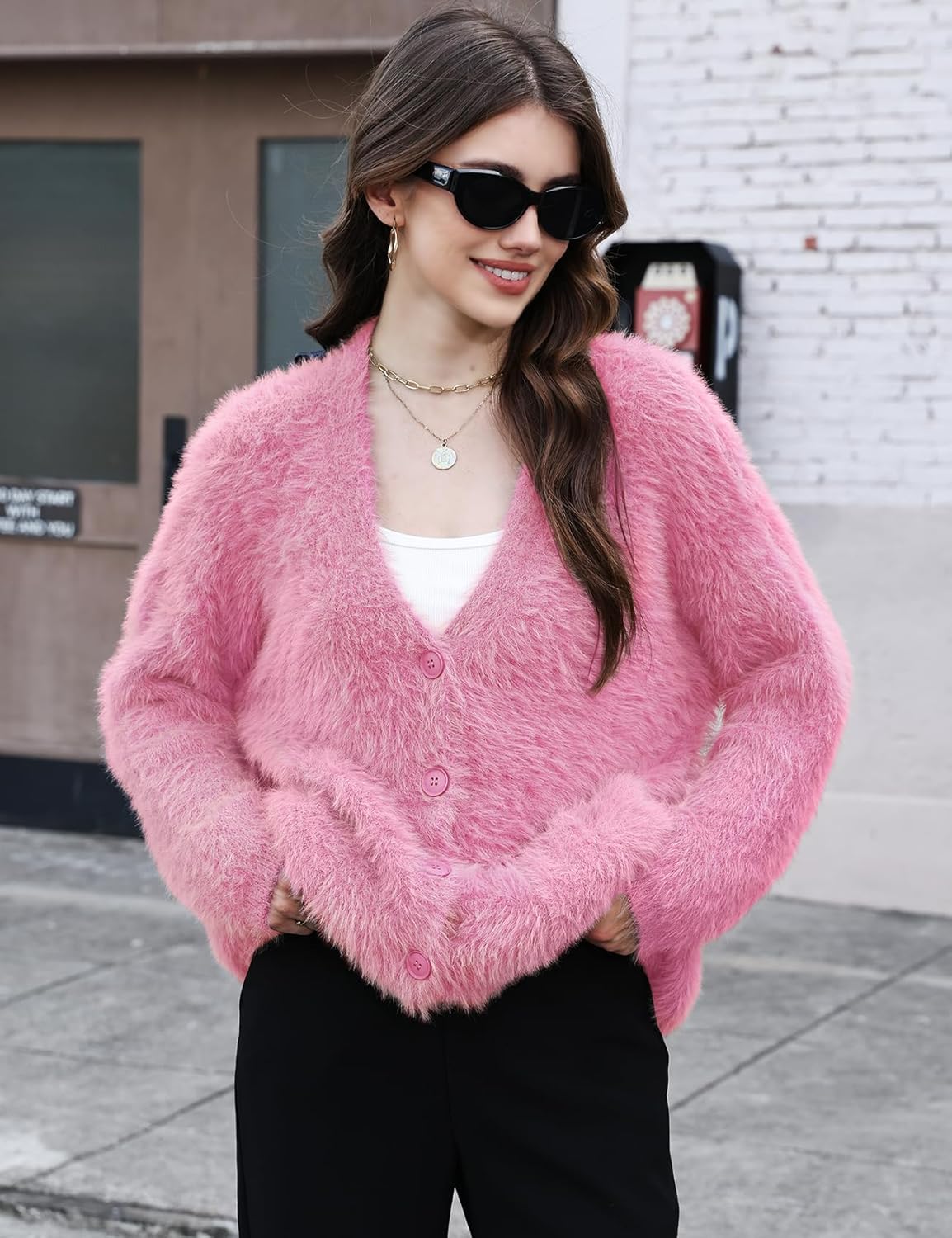Gihuo Women' s Fuzzy Cardigan Sweaters V Neck Fluffy Cardigan Long Sleeve Button Down Knit Furry Sweater with Pockets - Image 2