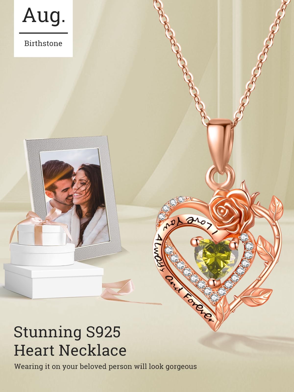 S925 Silber Rose Herz Halskette für Damen, Mama Geburtstag Hochzeit Jahrestag Geschenke, Freundin Tochter Rose Schmuck mit Geburtsstein Anhänger