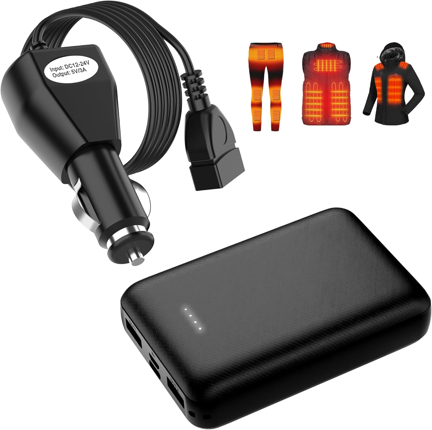 5V 2A Rechargeable Battery Pack for Heated Vest Heated Jacket Battery Power Bank 10000mah for Heated Vests Wire Connection Cables Cigarette Lighter Plug with 12-24 Volt Male Cigar Plug