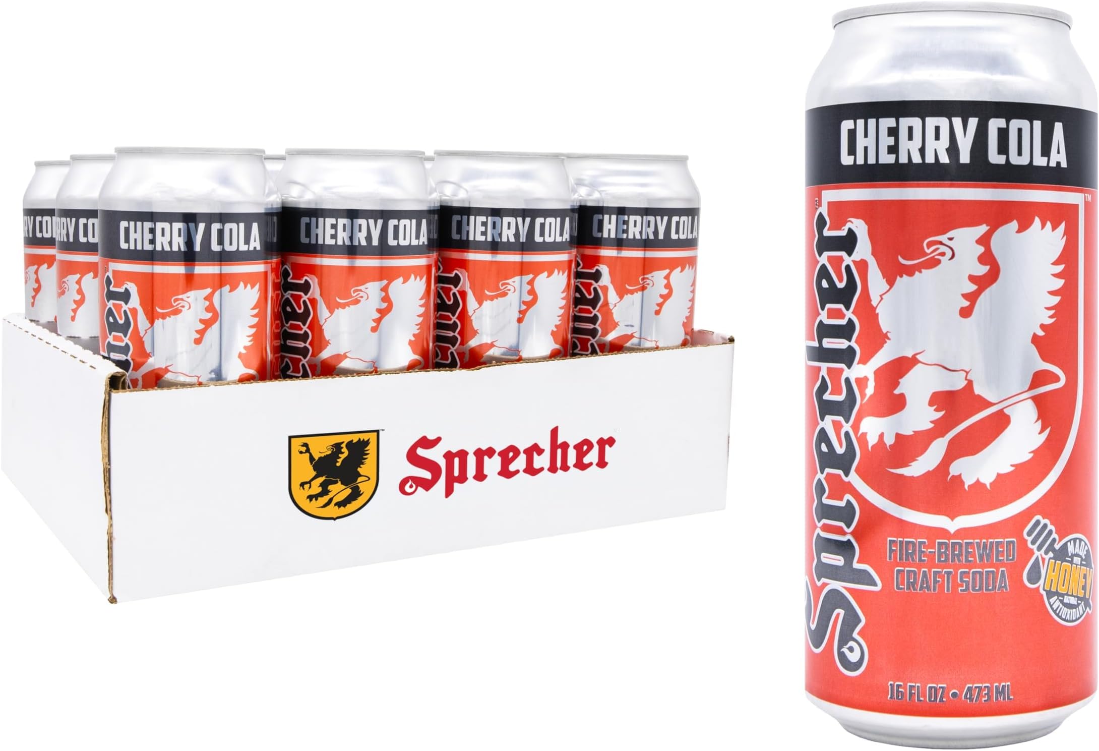 Cherry Cola in 16 fl oz Cans (12 Pack), Fire-Brewed Craft Soda with Real Honey & Door County Cherry Juice, Handcrafted Premium Cherry Soda, Caffeine-Free, Gourmet Beverage