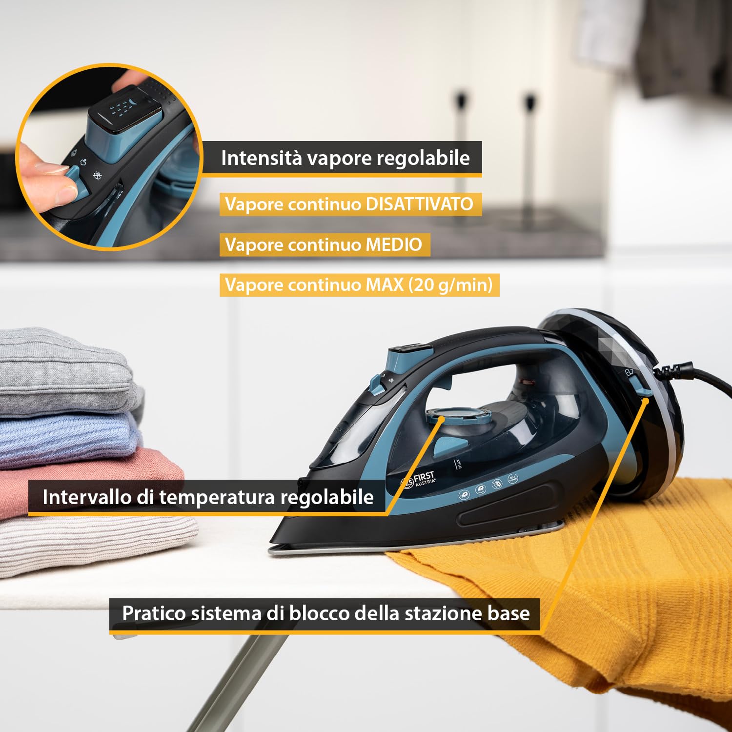 TZS First Austria - Ferro da stiro a vapore senza fili con stazione 2400W - Con serbatoio da 450 ml, sistema antigoccia, temperatura & intensità regolabile e piastra in ceramica - Con vapore verticale