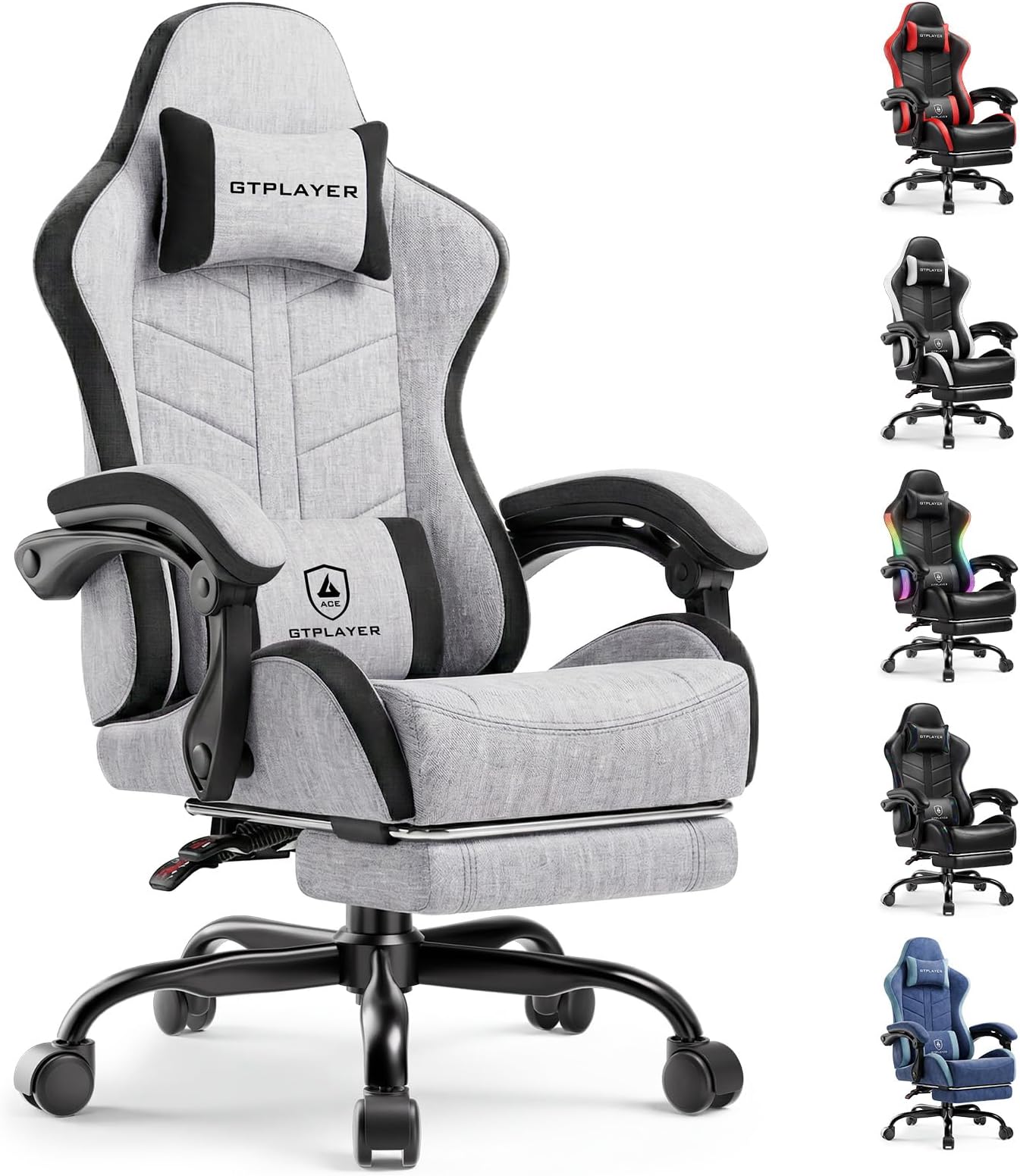 GTPLAYER Gaming Chair with Footrest, Computer Gaming Chair for Adults and Kids, Height Adjustable Gamer Chair with 90-155° Recline & Removable Headrest Lumbar Support,Linen Fabric Gray-Black