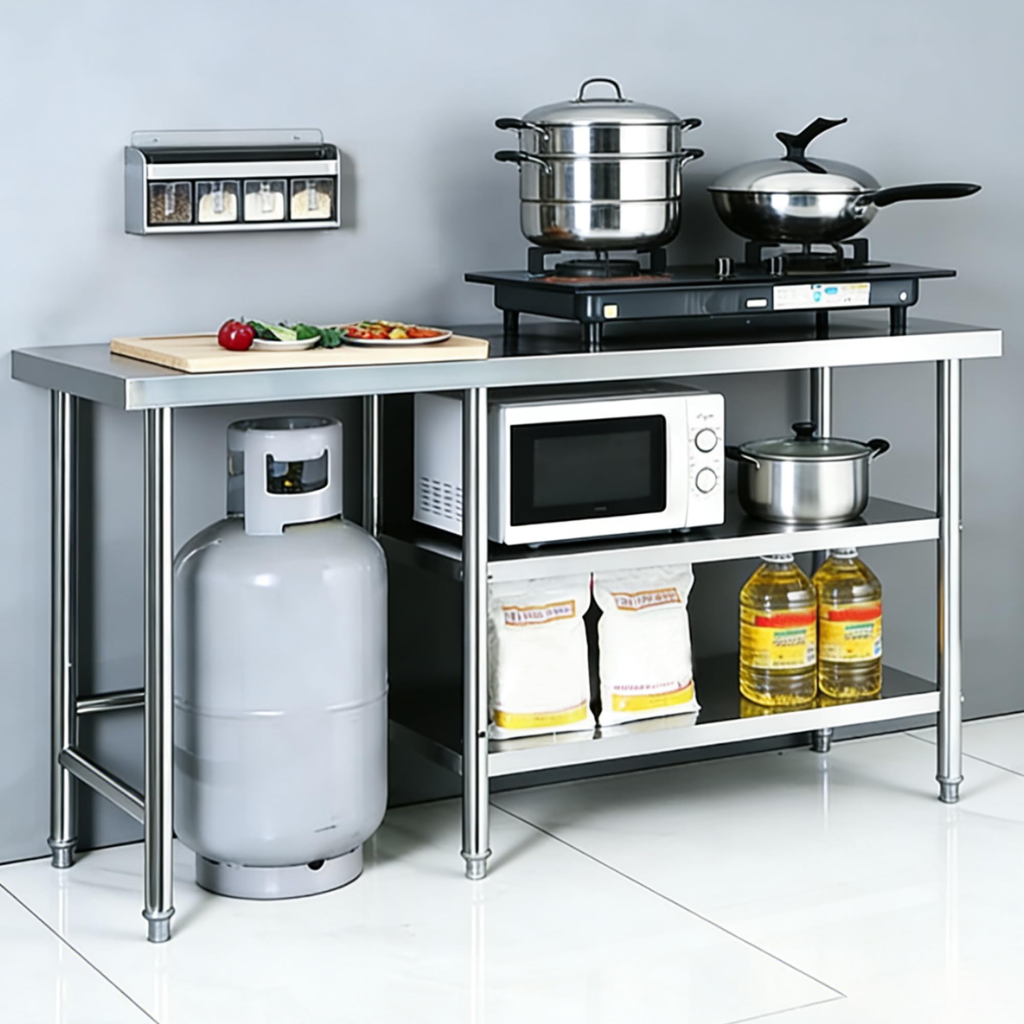 Tavolo Da Lavoro in Acciaio Inox, Tavolo Da Preparazione Commerciale A 3 Ripiani Con Ripiani Regolabili, Scaffali Acciaio Inox Banco Da Cucina Acciaio Per Cucina, Ristorante,Garage,120x50x80cm