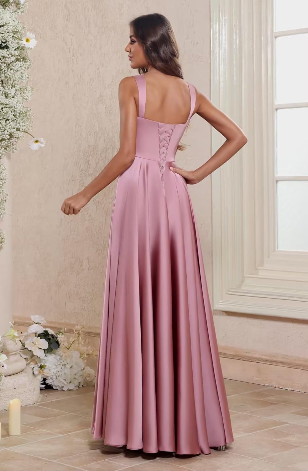 Satin Square Neck Bridesmaid Dresses for Women Elegant A-Line Spaghetti Straps Pleated with Slit Long Prom Gown - Image 4